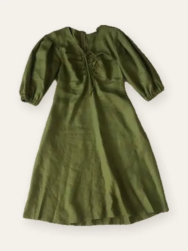 Olive Puff-Sleeve A-Line Dress